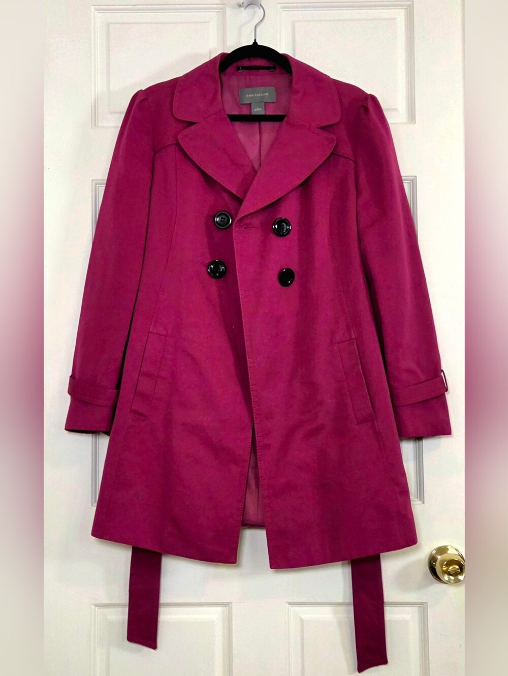 Ann Taylor Fuchsia Magenta 100% Cotton Belted Trench Coat Size Large